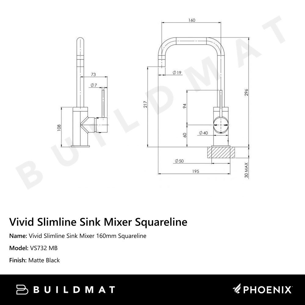 Vivid Slimline Sink Mixer 160mm Squareline Matte Black