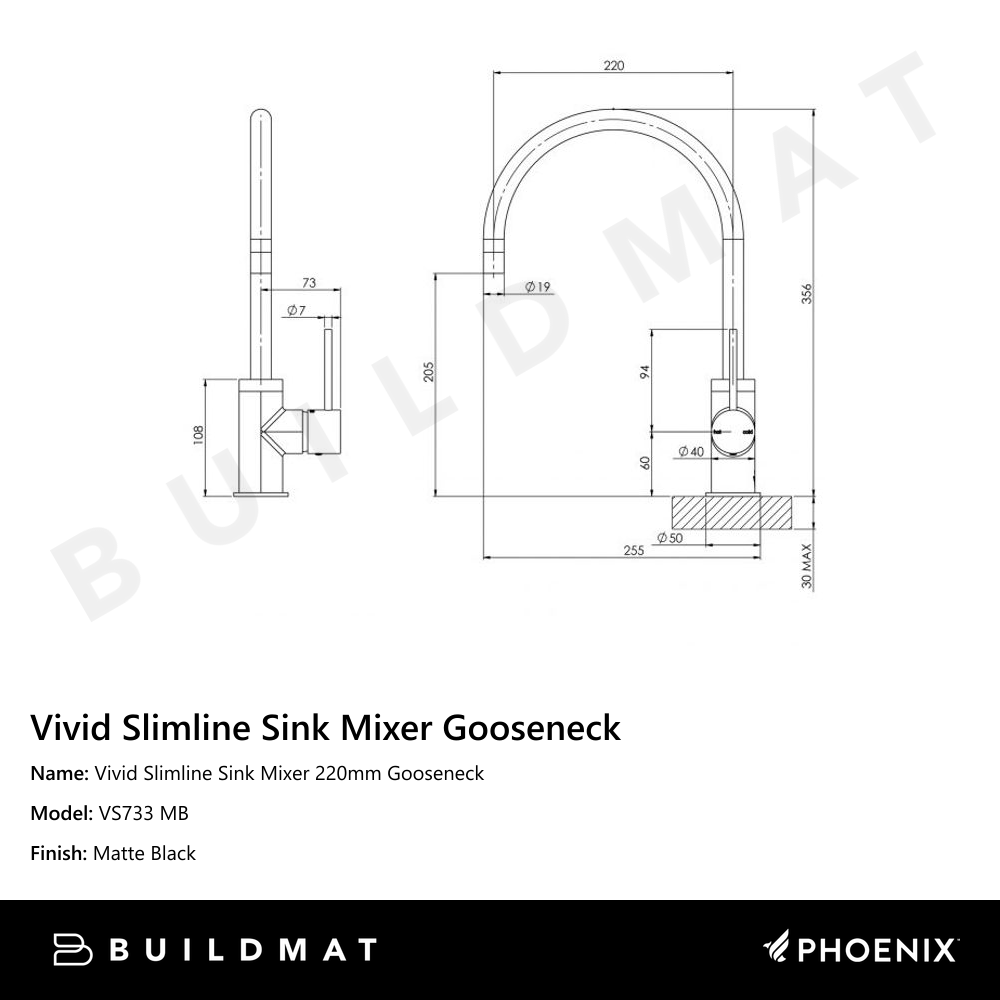 Vivid Slimline Sink Mixer 220mm Gooseneck Matte Black