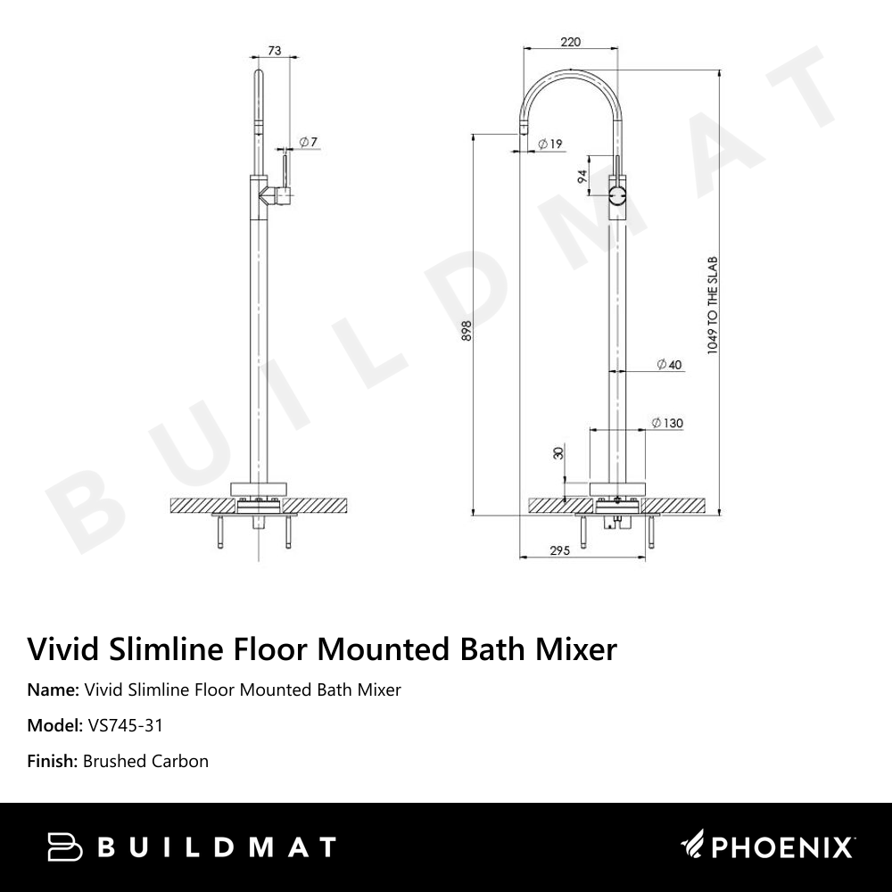 Vivid Slimline Floor Mounted Bath Mixer Brushed Carbon