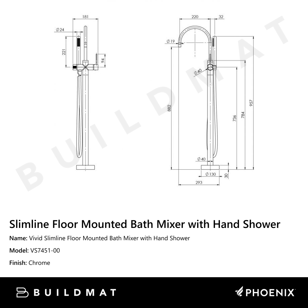 Vivid Slimline Floor Mounted Bath Mixer with Hand Shower Chrome