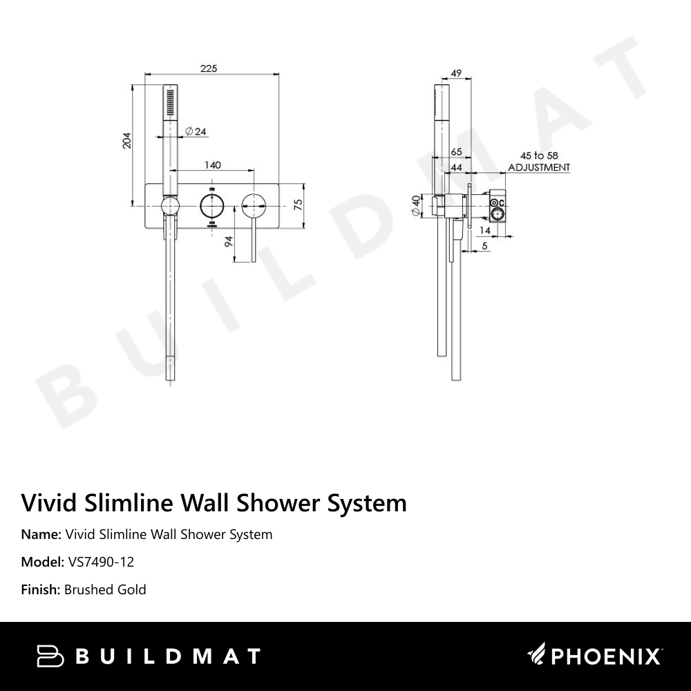 Vivid Slimline Wall Shower System Brushed Gold