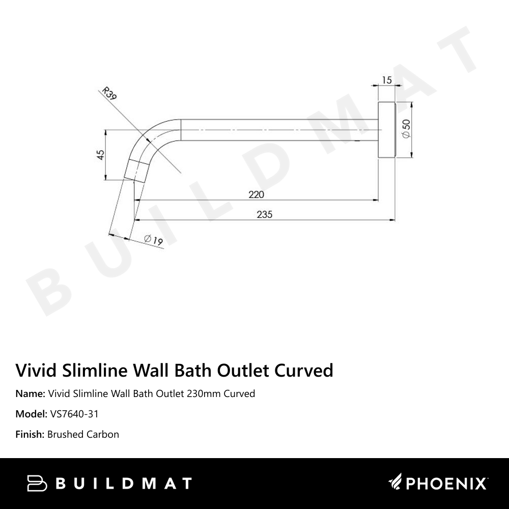 Vivid Slimline Bath Outlet 230mm Curved Brushed Carbon