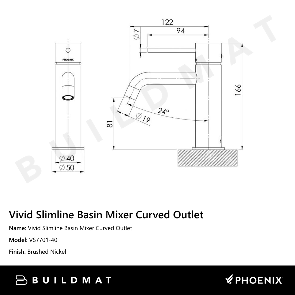 Vivid Slimline Basin Mixer Curved Outlet  Brushed Nickel