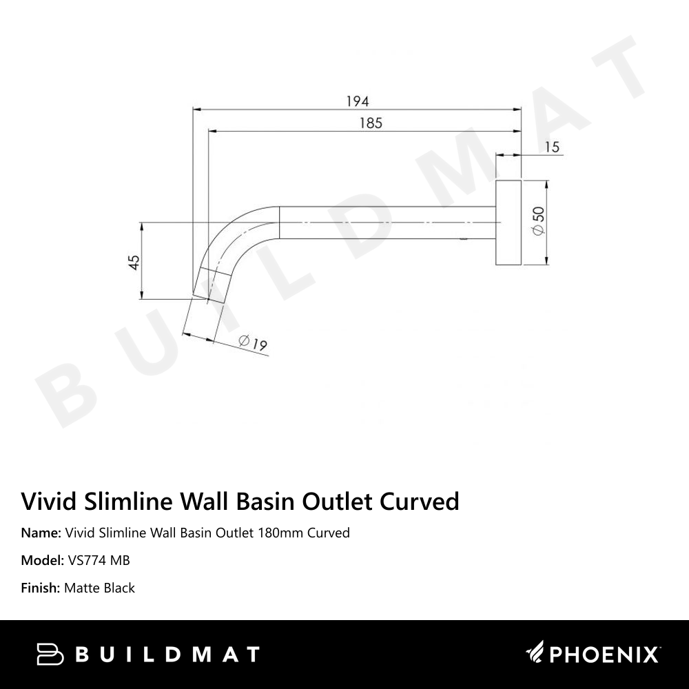 Vivid Slimline Wall Basin Outlet 180mm Curved Matte Black