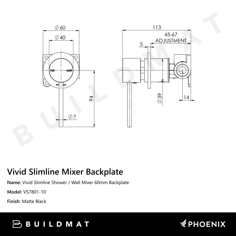 Vivid Slimline Shower / Wall Mixer 60mm Backplate  Matte Black