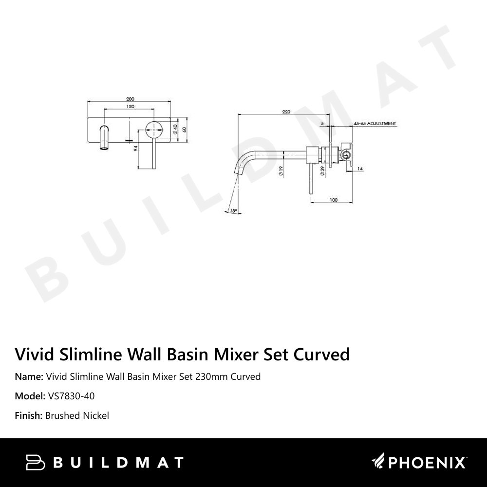 Vivid Slimline Wall Basin Mixer Set 230mm Curved Brushed Nickel