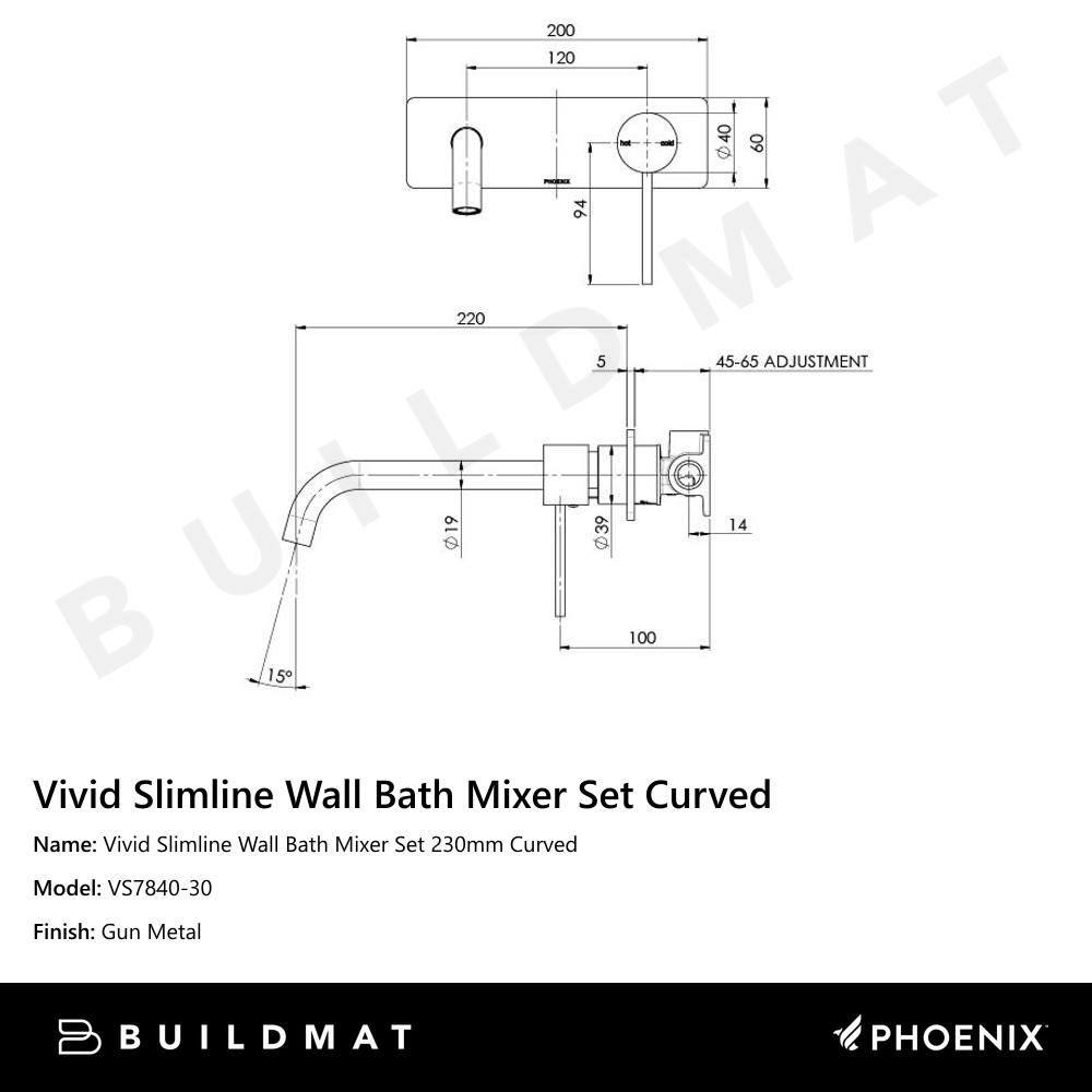 Vivid Slimline Wall Bath Mixer Set 230mm Curved Gunmetal