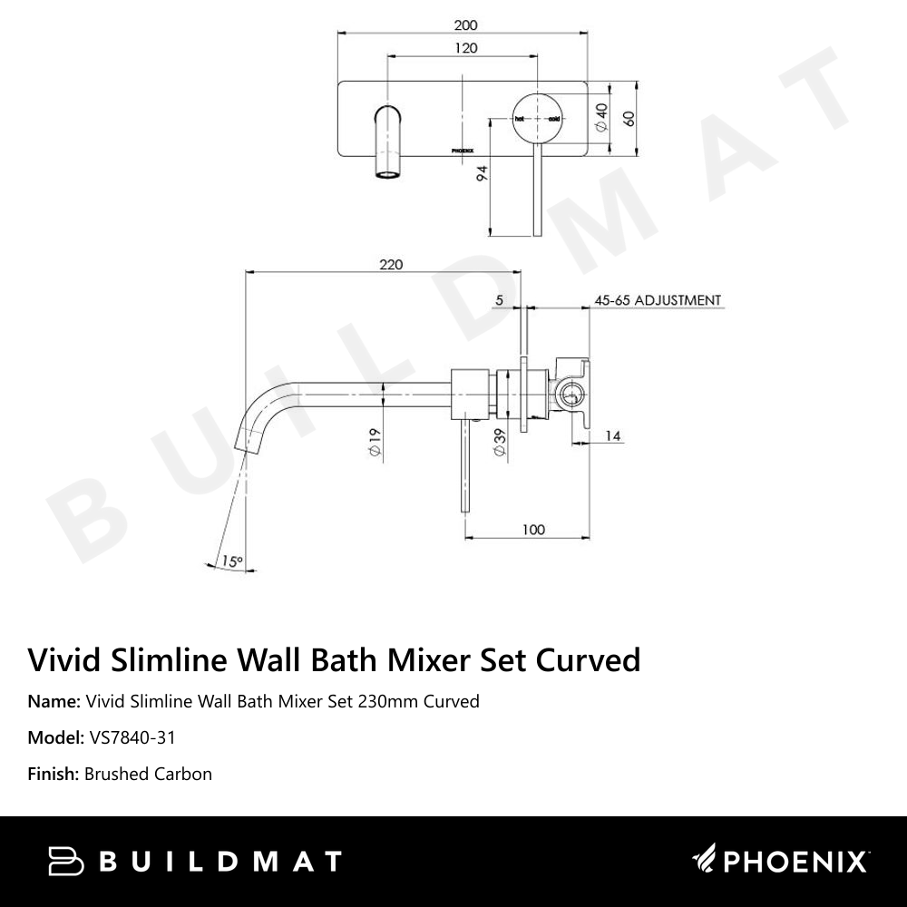 Vivid Slimline Wall Bath Mixer Set 230mm Curved Brushed Carbon