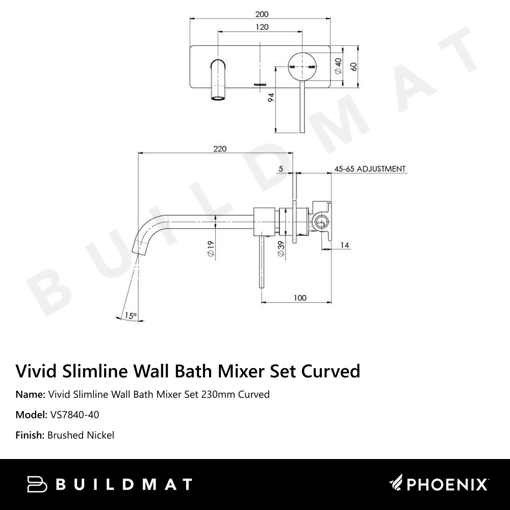 Vivid Slimline Wall Bath Mixer Set 230mm Curved Brushed Nickel