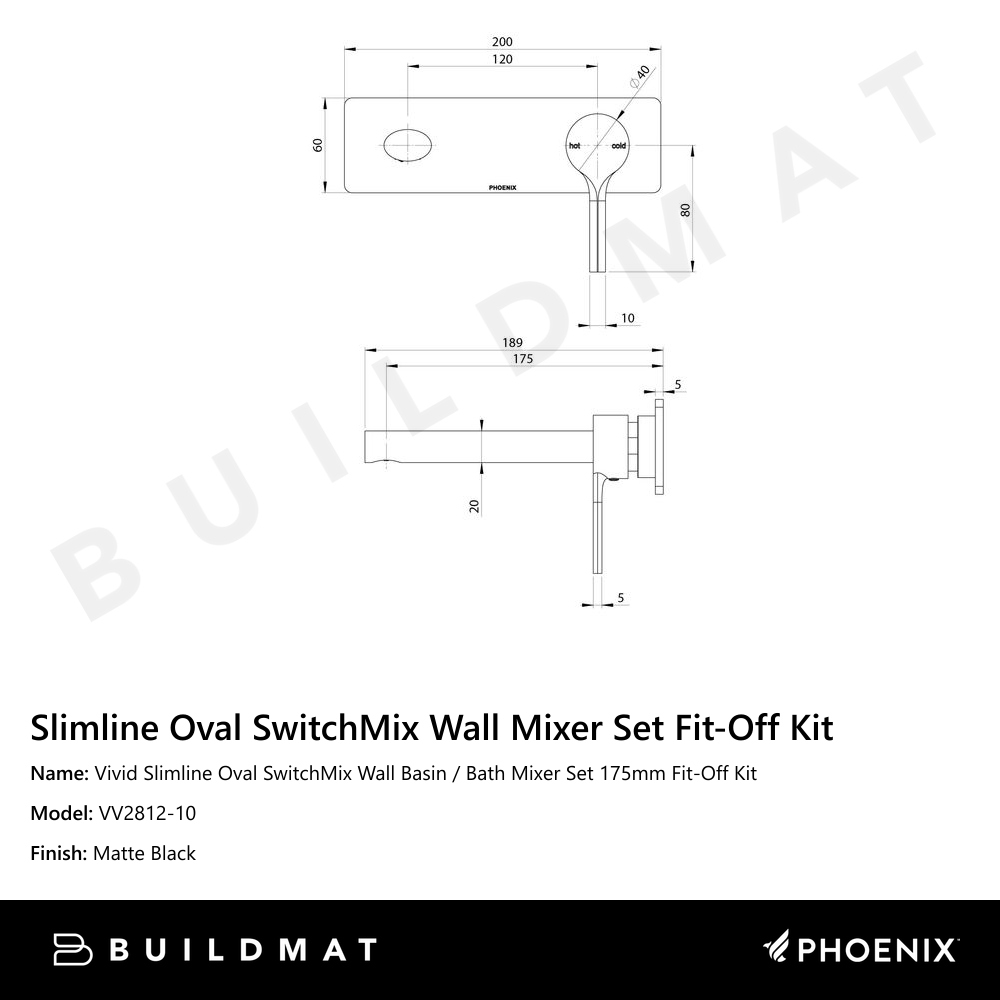 Vivid Slimline Oval SwitchMix Wall Basin / Bath Mixer Set 175mm Fit-Off Kit Matte Black