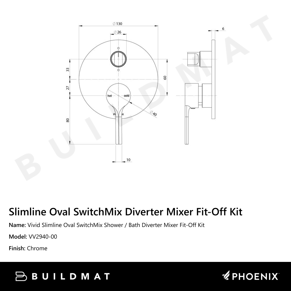 Vivid Slimline Oval SwitchMix Shower / Bath Diverter Mixer Fit-Off Kit  Chrome