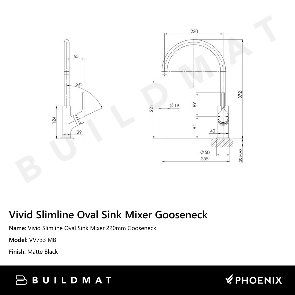 Vivid Slimline Oval Sink Mixer 220mm Gooseneck Matte Black