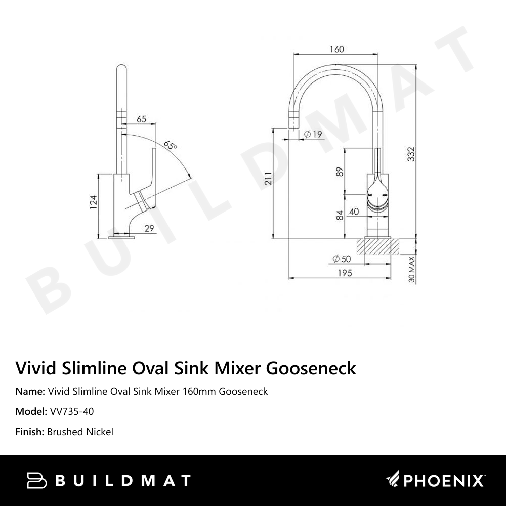 Vivid Slimline Oval Sink Mixer 160mm Gooseneck Brushed Nickel