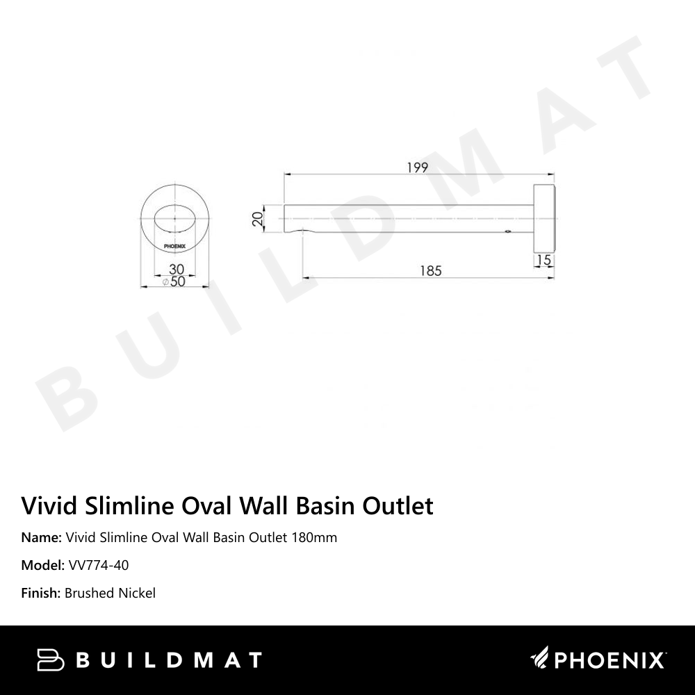 Vivid Slimline Oval Wall Basin Outlet 180mm Brushed Nickel