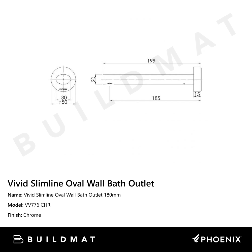 Vivid Slimline Oval Wall Bath Outlet 180mm Chrome