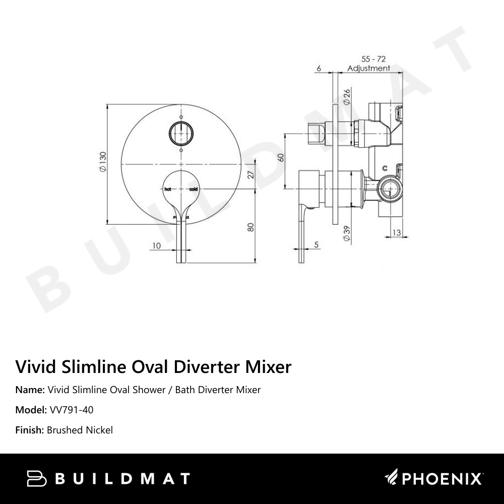 Vivid Slimline Oval Shower / Bath Diverter Mixer Brushed Nickel