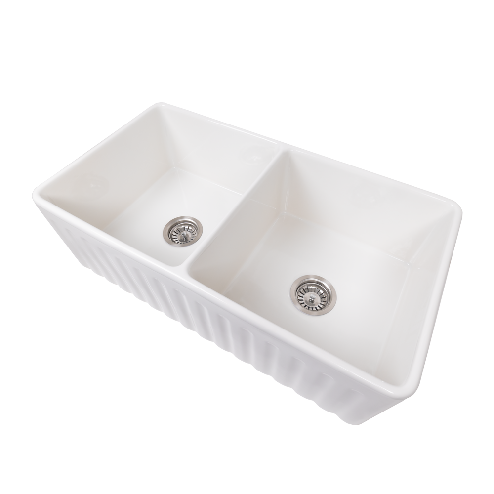 Bronwen 835x459 Gloss White Farmhouse Fireclay Double Bowl Sink