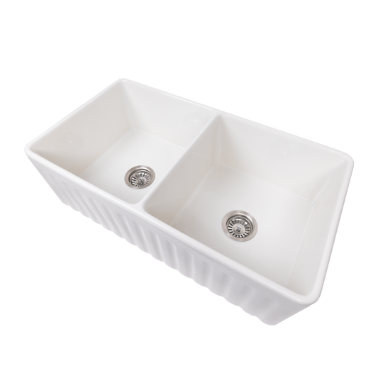 Bronwen 835x459 Gloss White Farmhouse Fireclay Double Bowl Sink