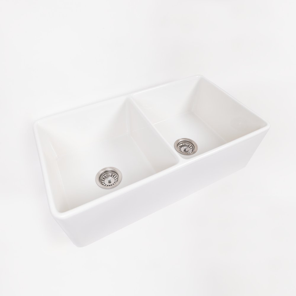 Bronwen 835x459 Gloss White Farmhouse Fireclay Double Bowl Sink