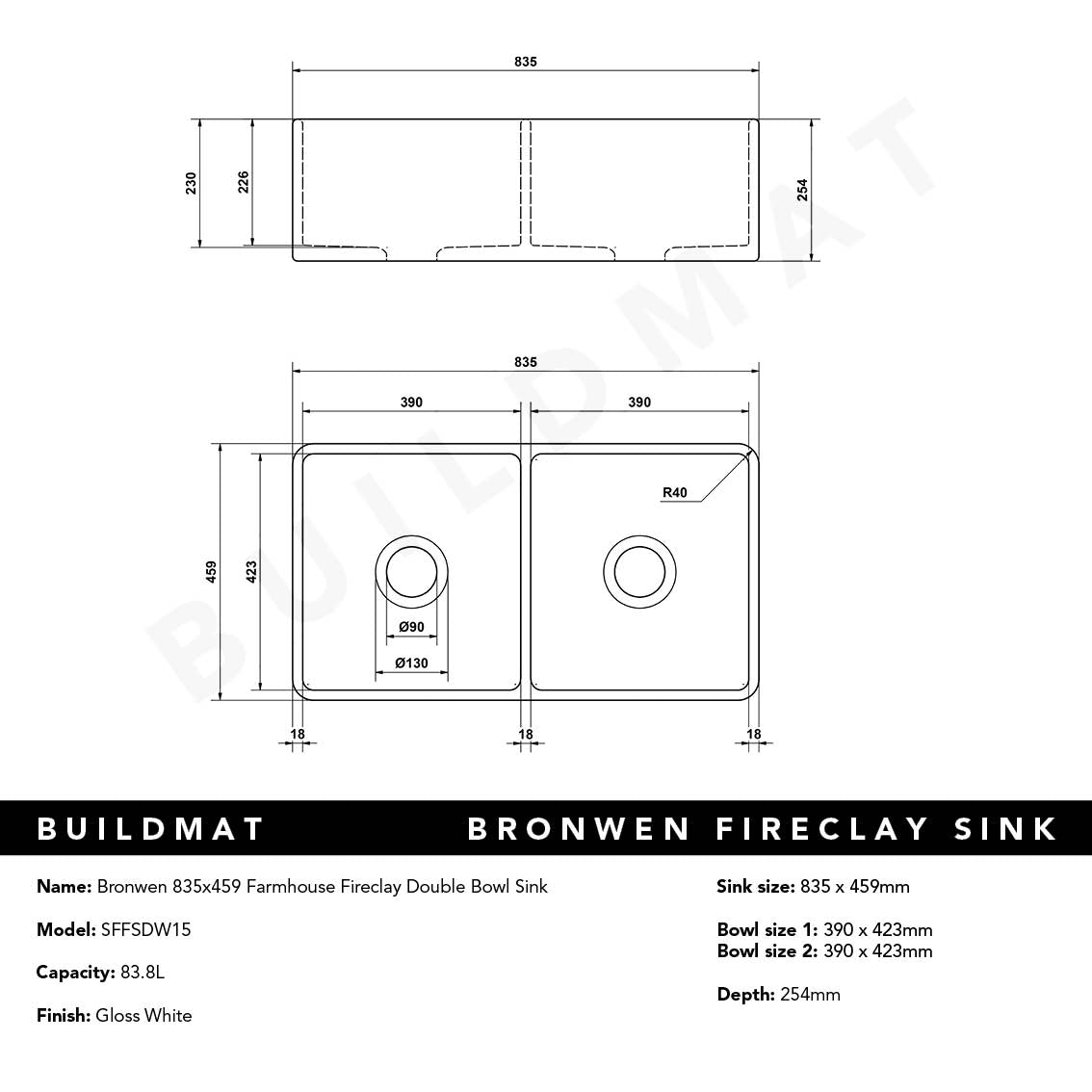 Bronwen 835x459 Gloss White Farmhouse Fireclay Double Bowl Sink