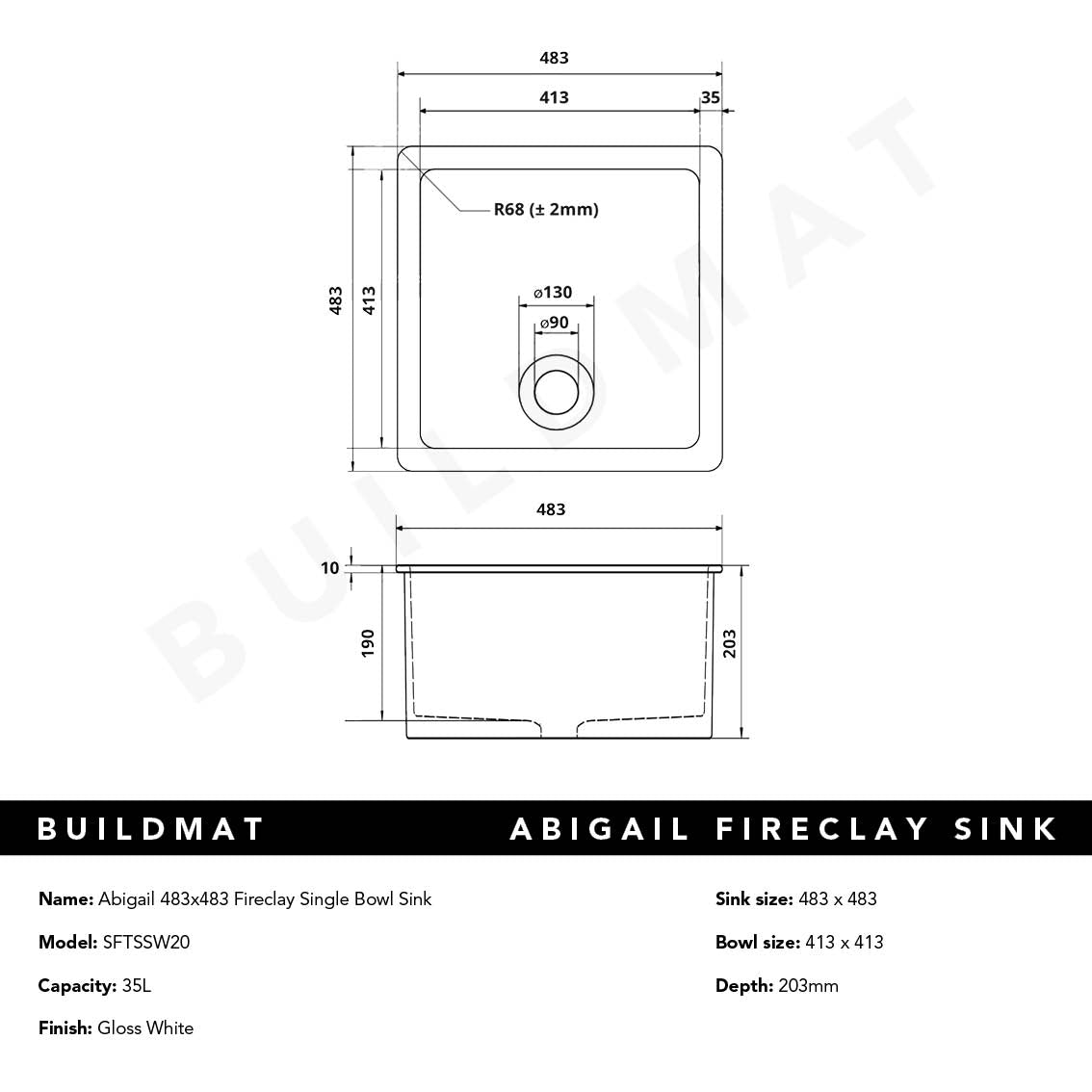 Abigail 483x483 Gloss White Fireclay Single Bowl Sink