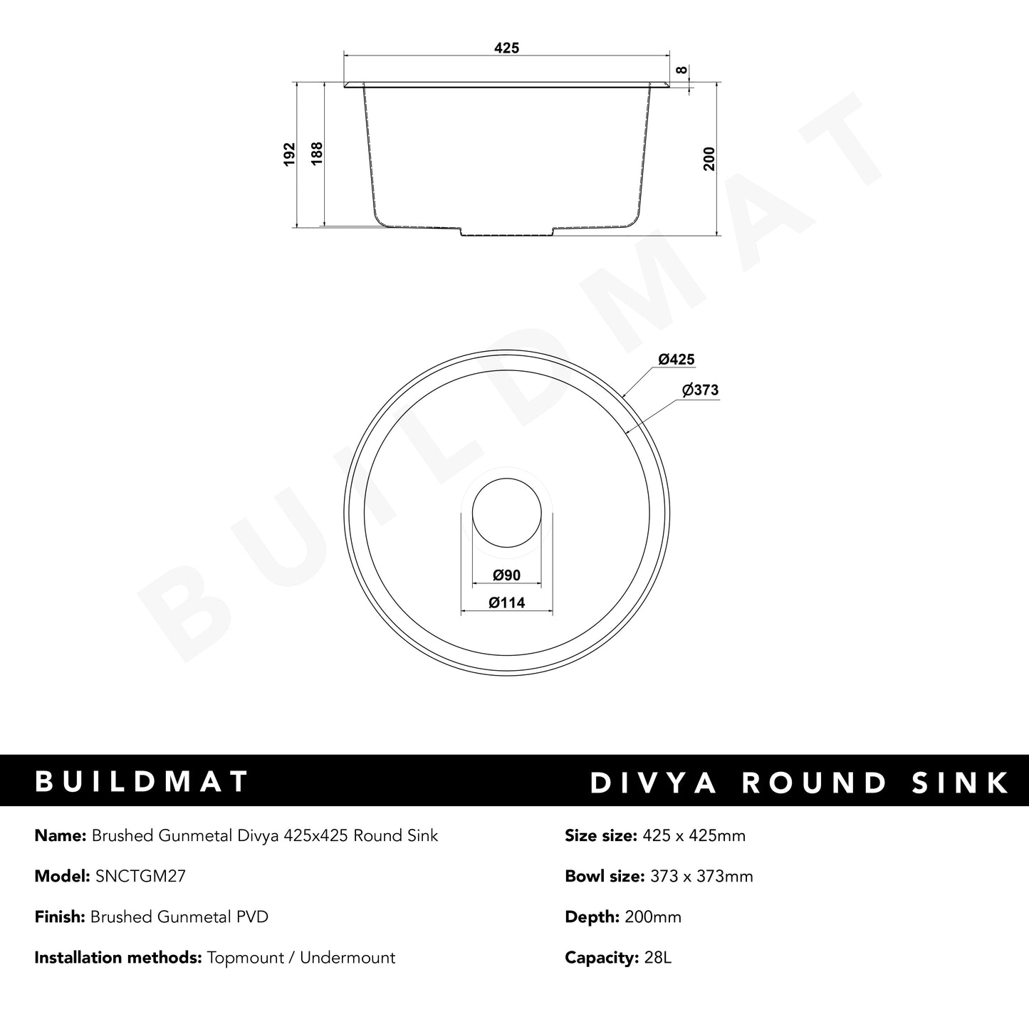 Brushed Gunmetal Divya 425x425 Round Sink