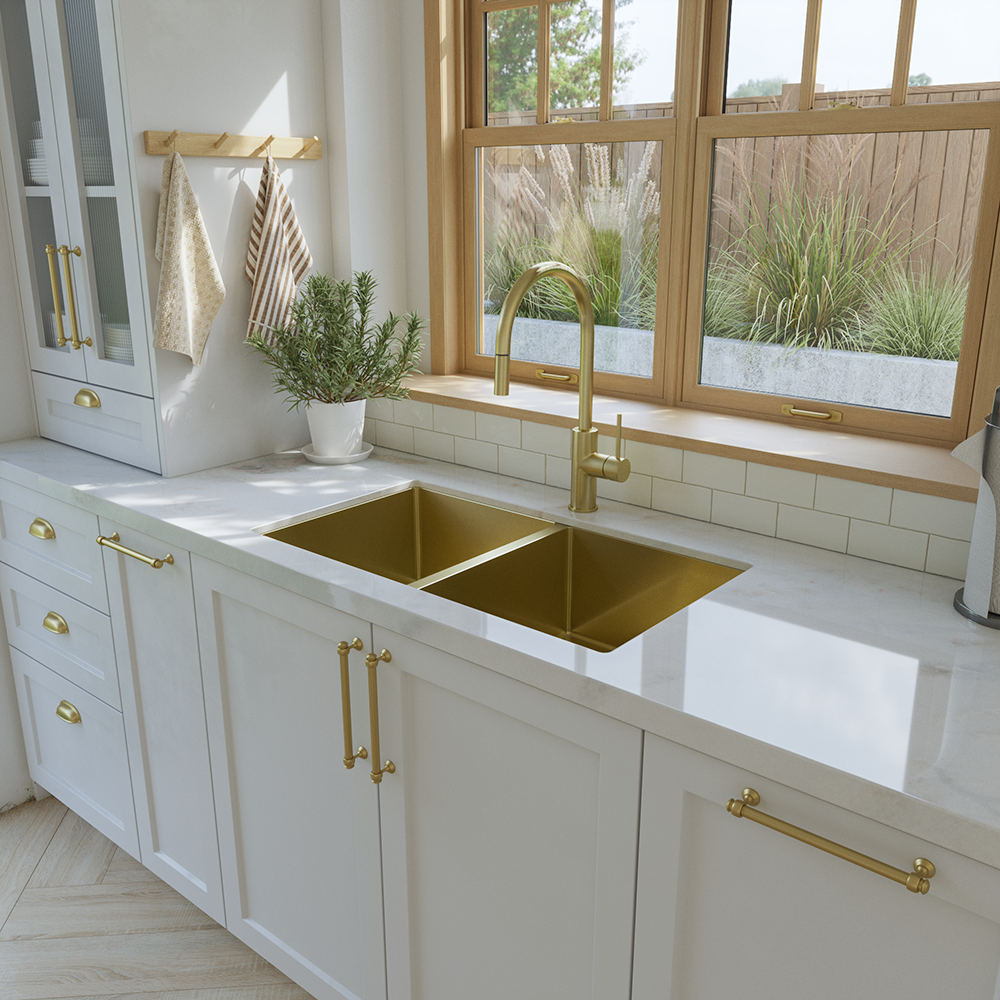 Buildmat Precious Metals Sink Brushed Brass Gold Brushed Brass Gold Madison 775x450 Double Bowl Sink