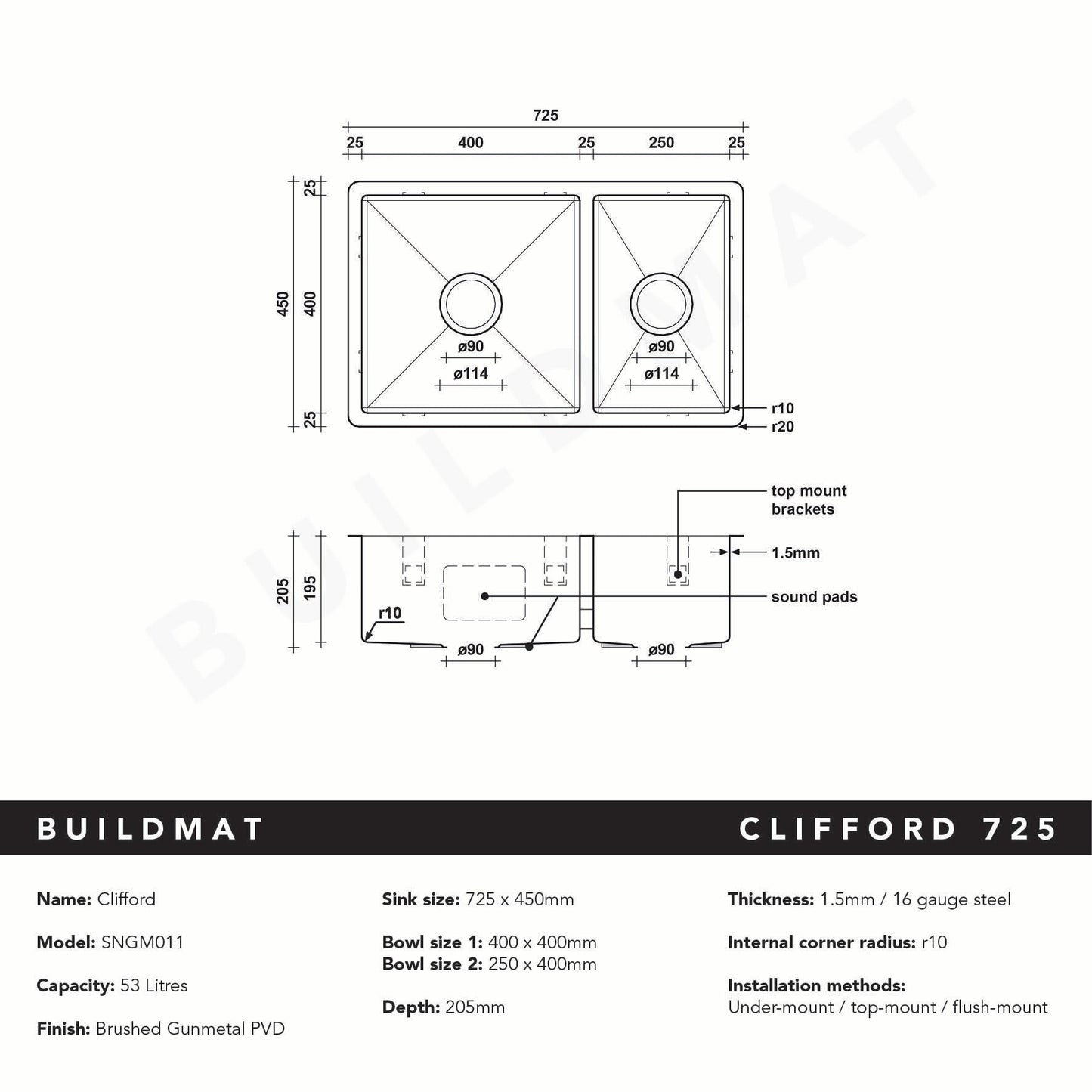 Brushed Gunmetal Clifford 725x450 Single & 1/4 Bowl Sink