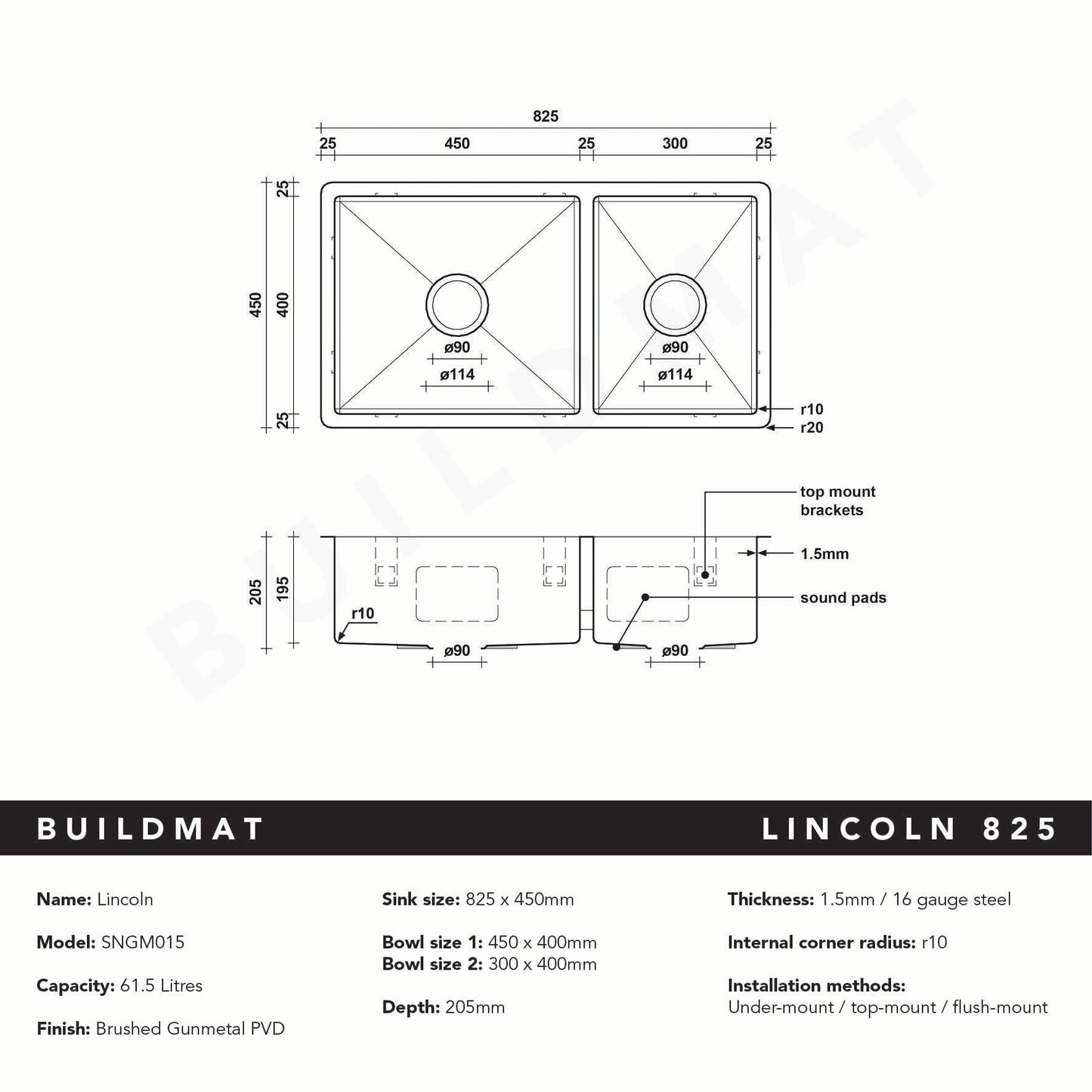 Brushed Gunmetal Lincoln 825x450 Single +3/4 Bowl Sink