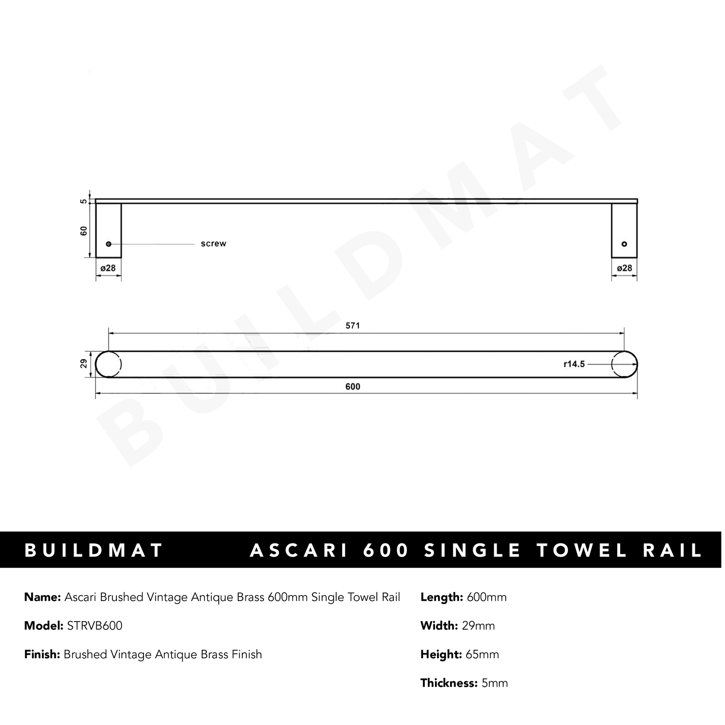 Ascari Brushed Vintage Antique Brass 600 Single Towel Rail