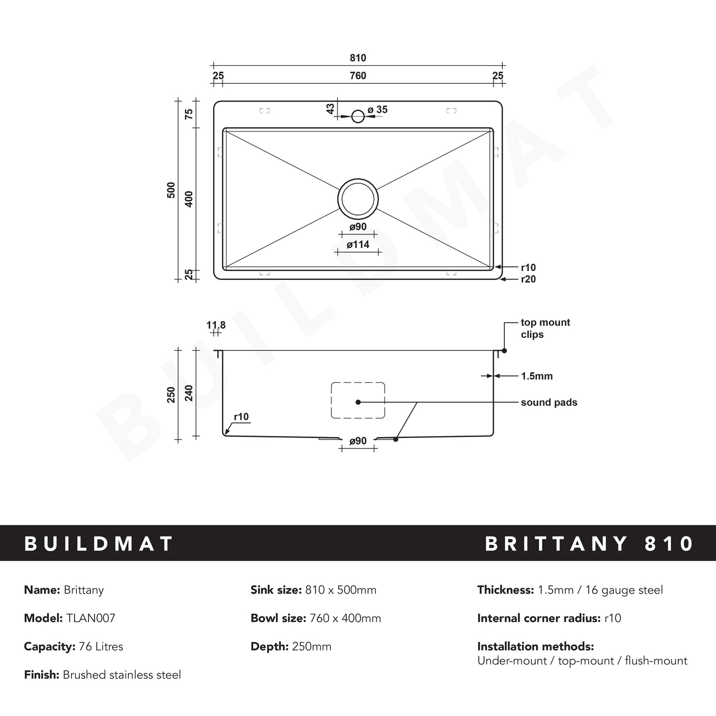 Brittany 810x500 XLarge Single Bowl Tap Landing Sink