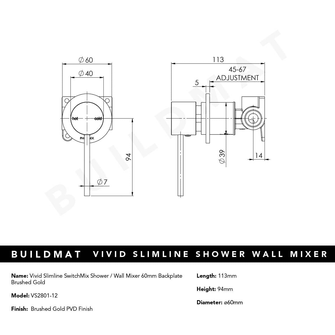 Vivid Slimline SwitchMix Shower / Wall Mixer 60mm Backplate Brushed Gold