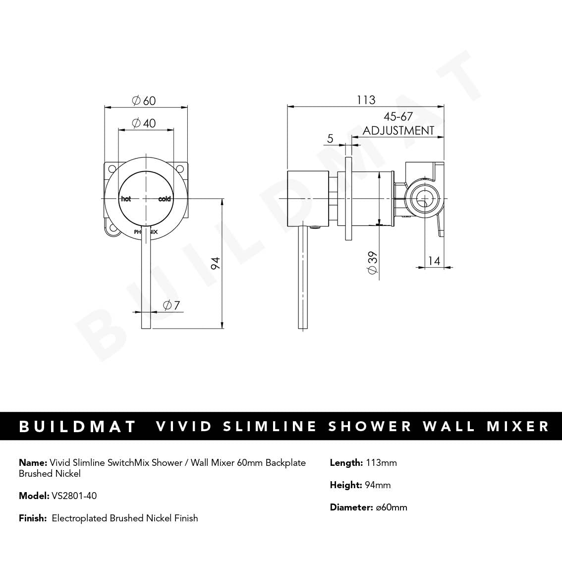 Vivid Slimline SwitchMix Shower / Wall Mixer 60mm Backplate Brushed Nickel