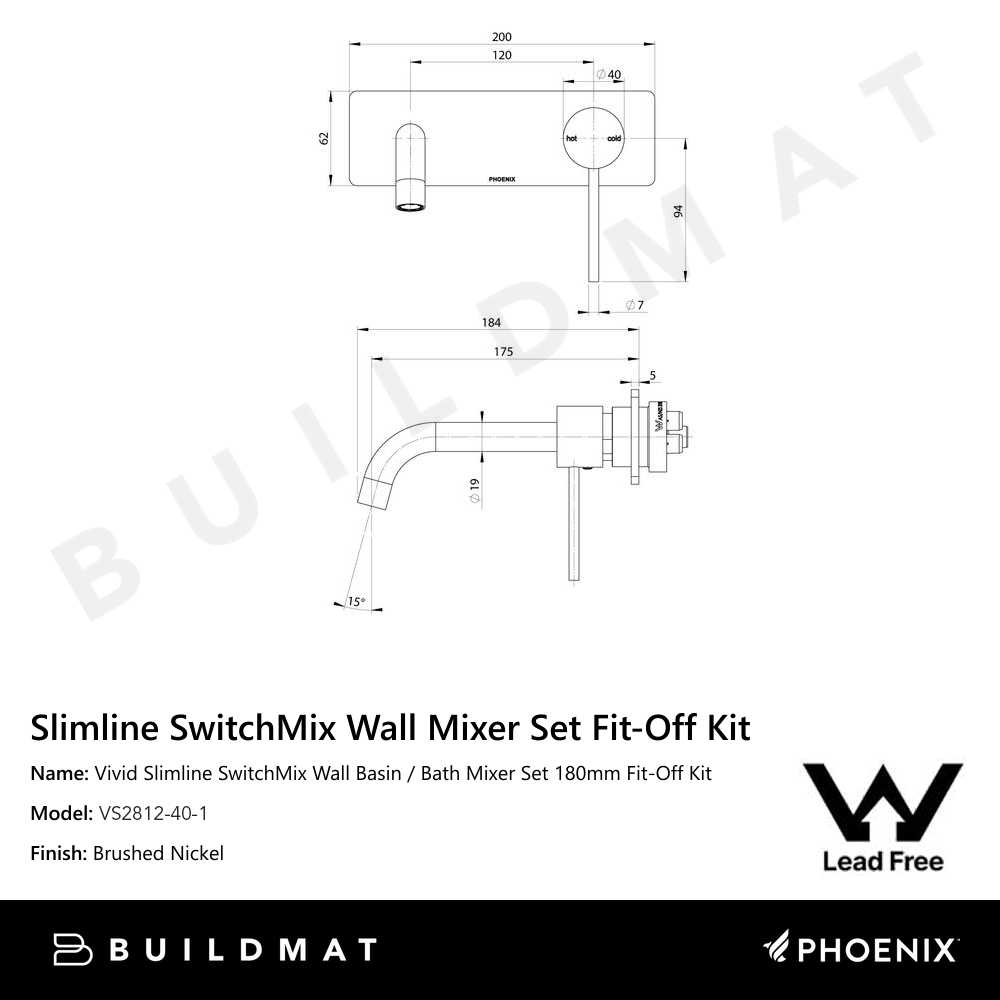 Vivid Slimline SwitchMix Wall Basin / Bath Mixer Set 180mm Fit-Off Kit Lead Free Brushed Nickel