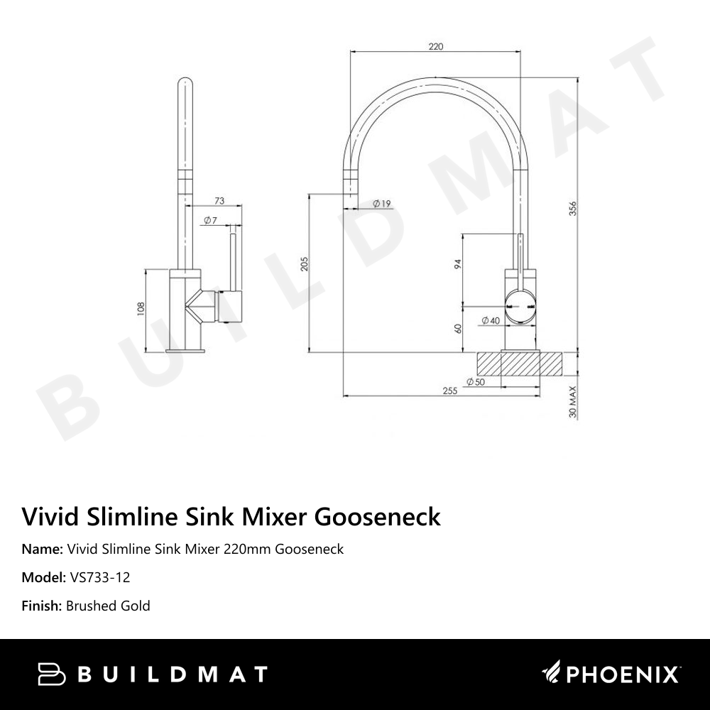 Vivid Slimline Sink Mixer 220mm Gooseneck Brushed Gold