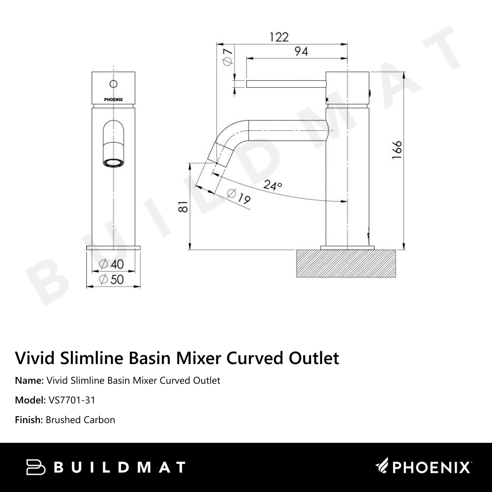 Vivid Slimline Basin Mixer Curved Outlet Brushed Carbon