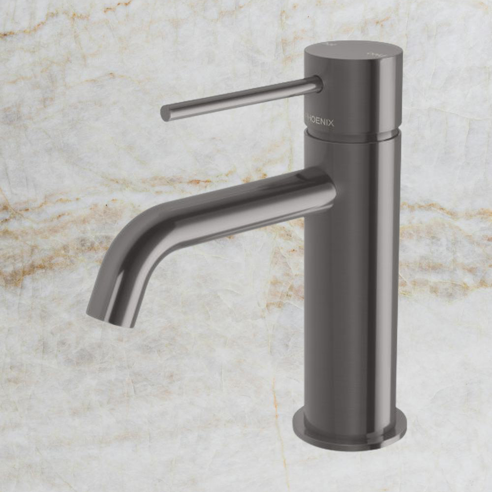 Vivid Slimline Basin Mixer Curved Outlet Brushed Carbon