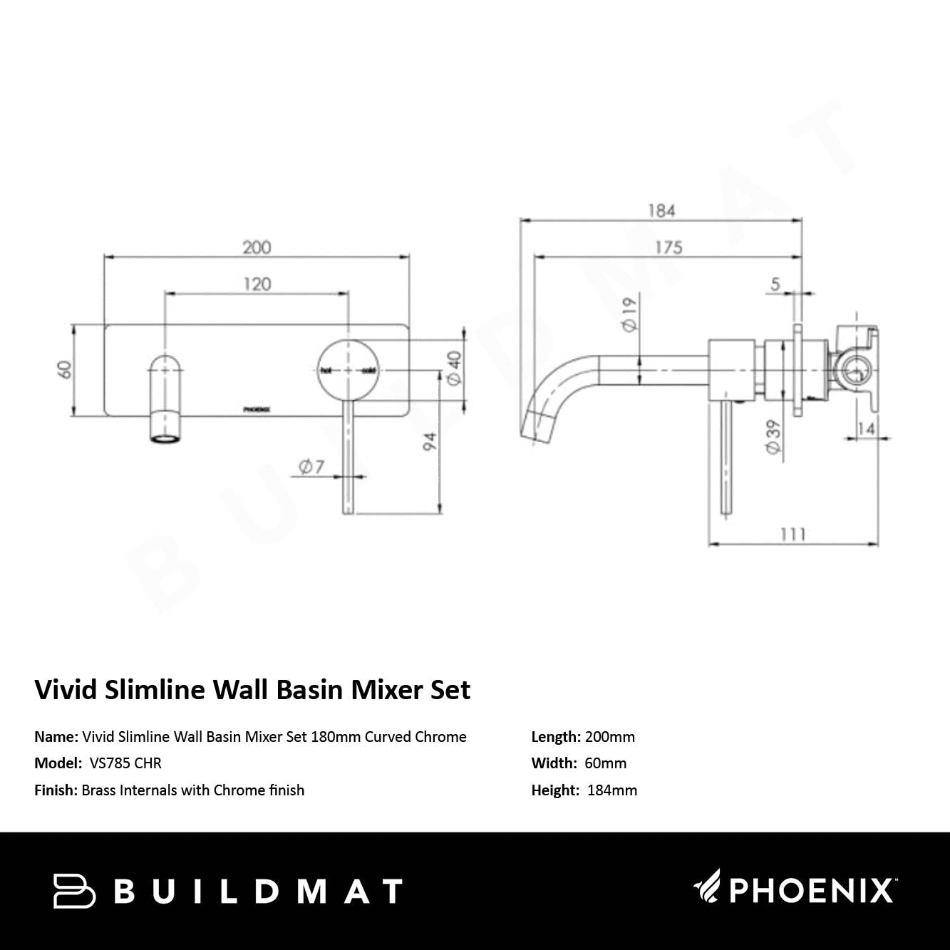 Vivid Slimline Wall Basin Mixer Set 180mm Curved Chrome