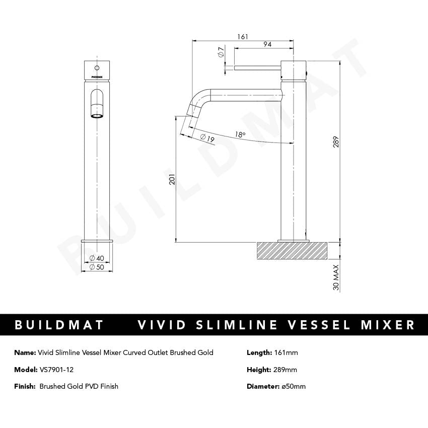 Vivid Slimline Vessel Mixer Curved Outlet Brushed Gold