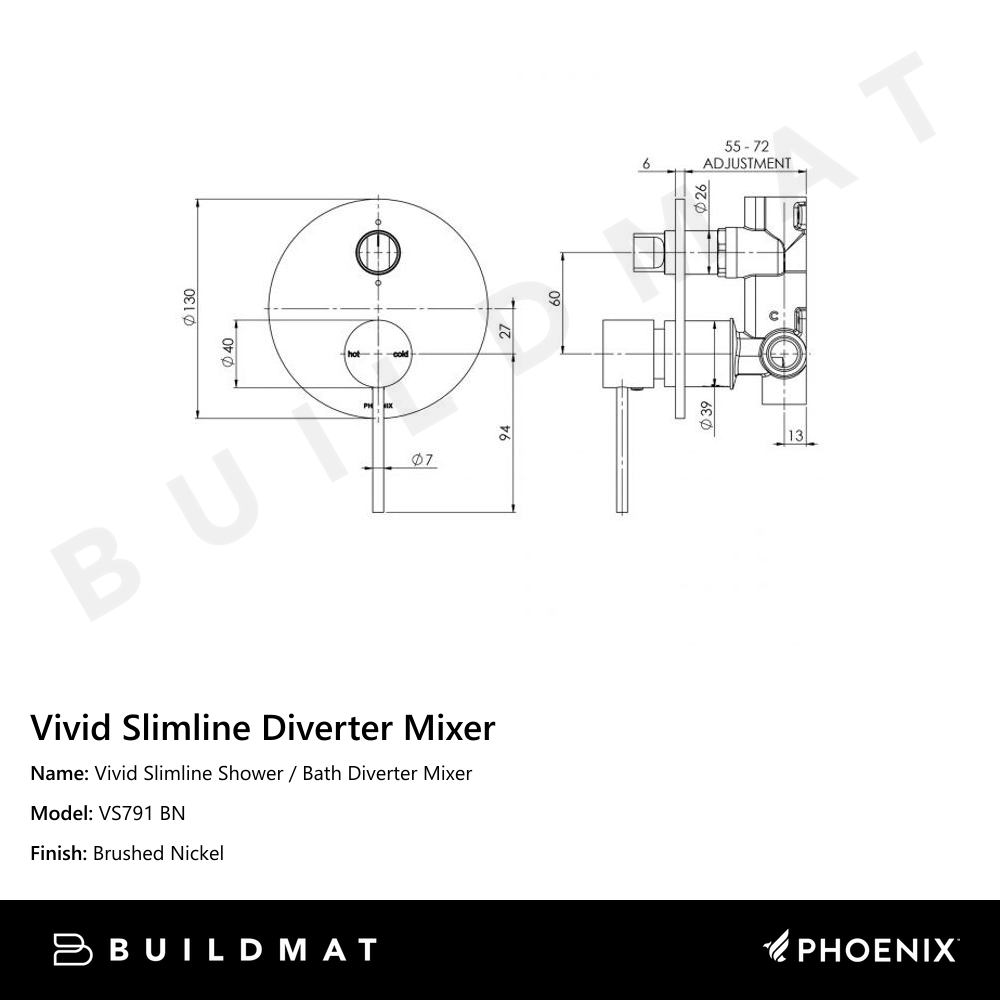 Vivid Slimline Shower / Bath Diverter Mixer Brushed Nickel