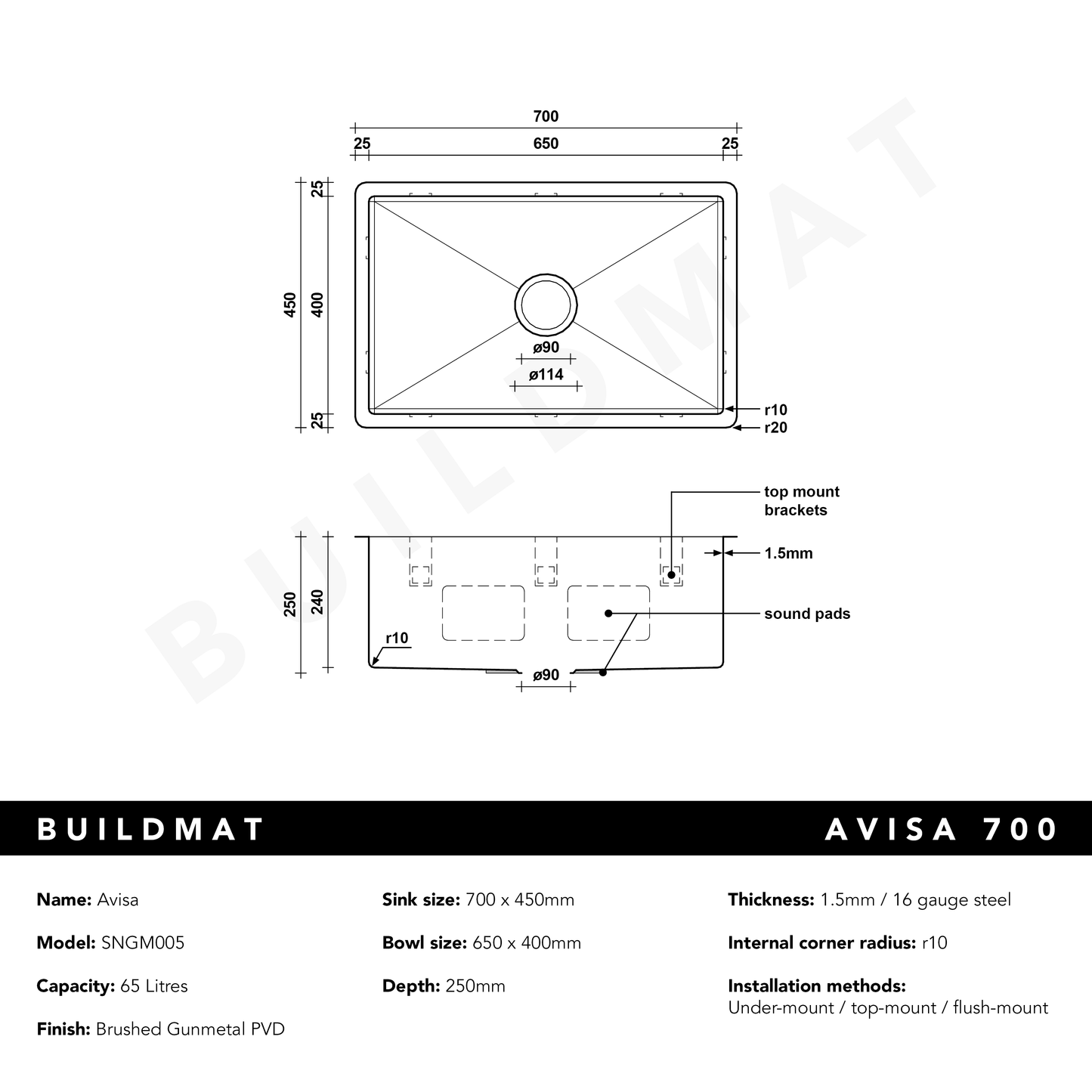 Brushed Gunmetal Avisa 700x450 Large Single Bowl Sink