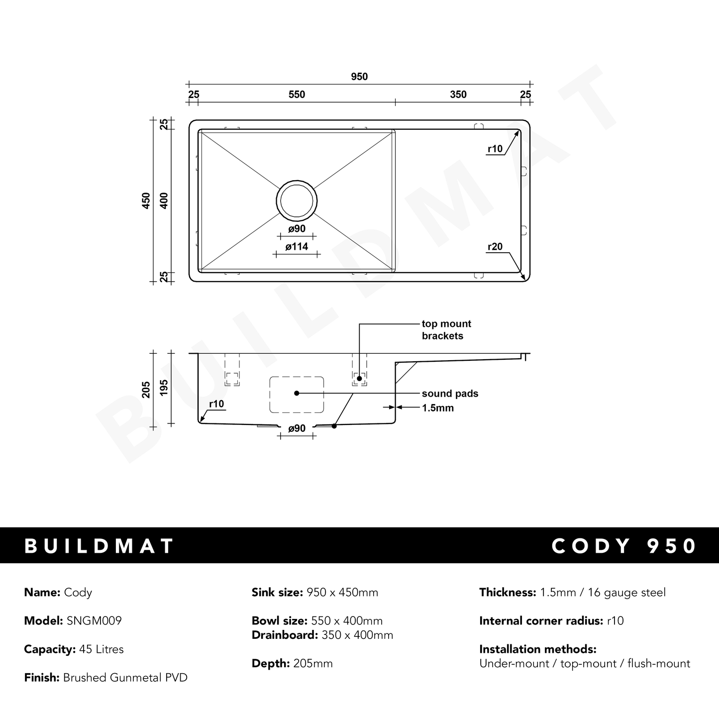 Brushed Gunmetal Cody 950x450 Single Bowl w Drain Board Sink