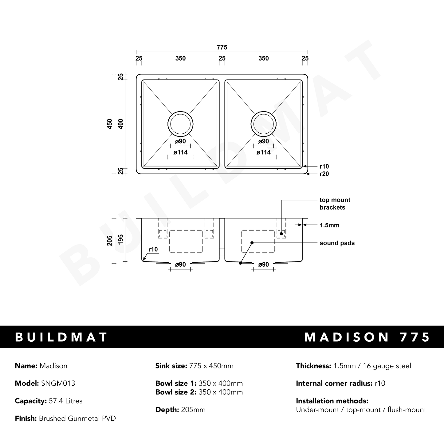 Brushed Gunmetal Madison 775x450 Double Bowl Sink