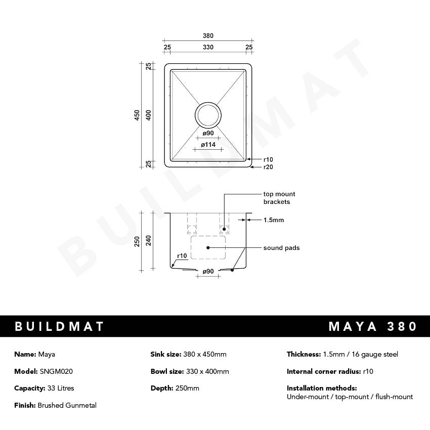 Brushed Gunmetal Maya 380x450 Single Bowl Sink