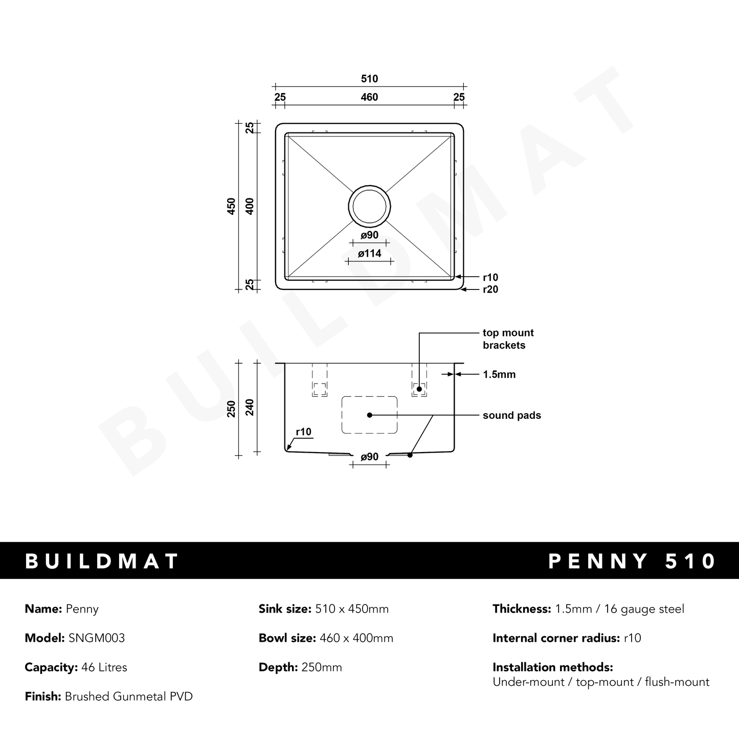 Brushed Gunmetal Penny 510x450 Single Bowl Sink