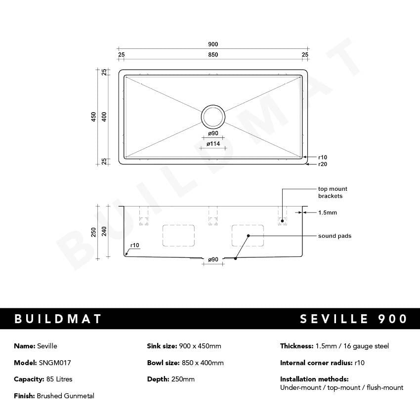 Brushed Gunmetal Seville 900x450 XXLarge Single Bowl Sink