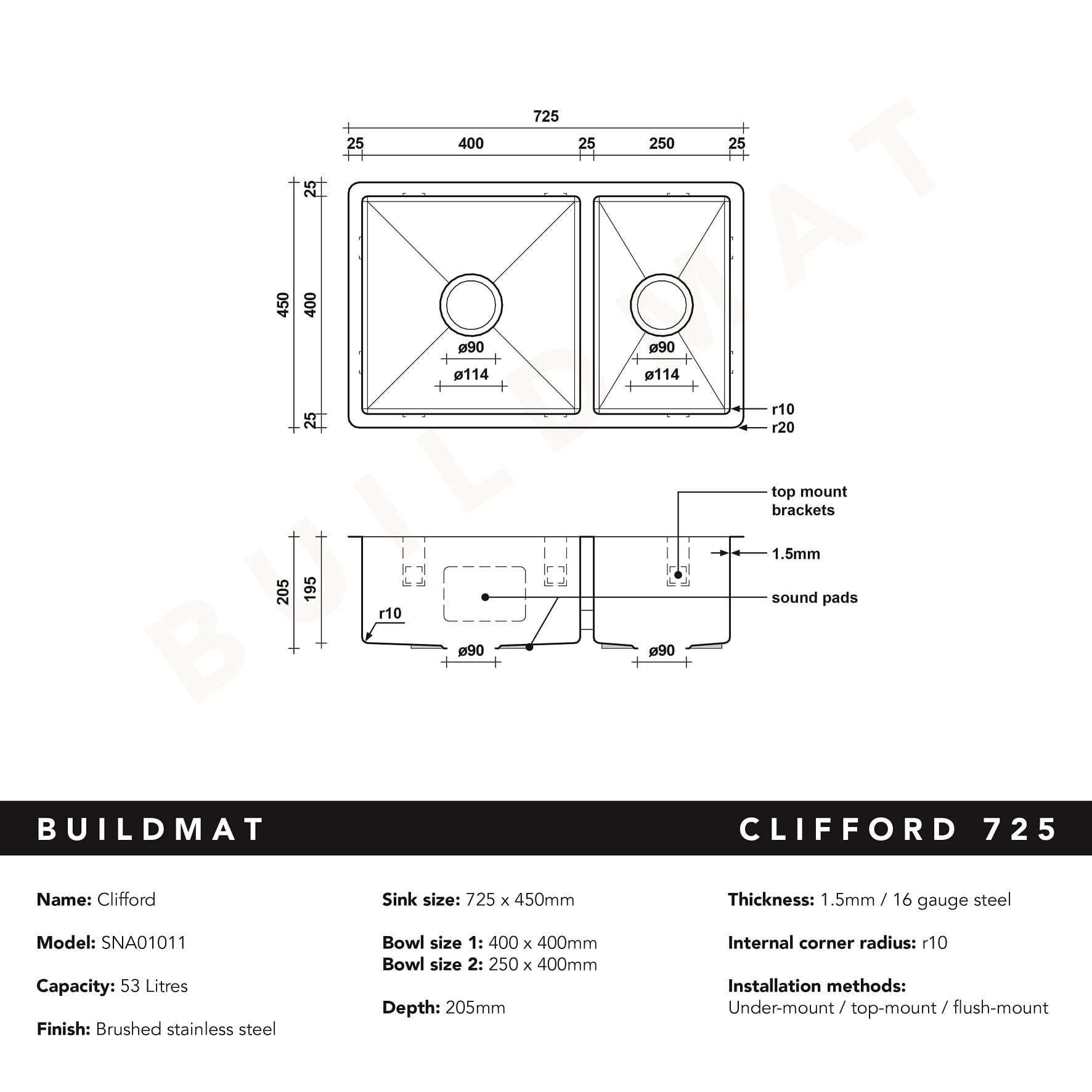 Buildmat Sink Stainless Steel Clifford 725x450 Single & 1/4 Bowl Sink