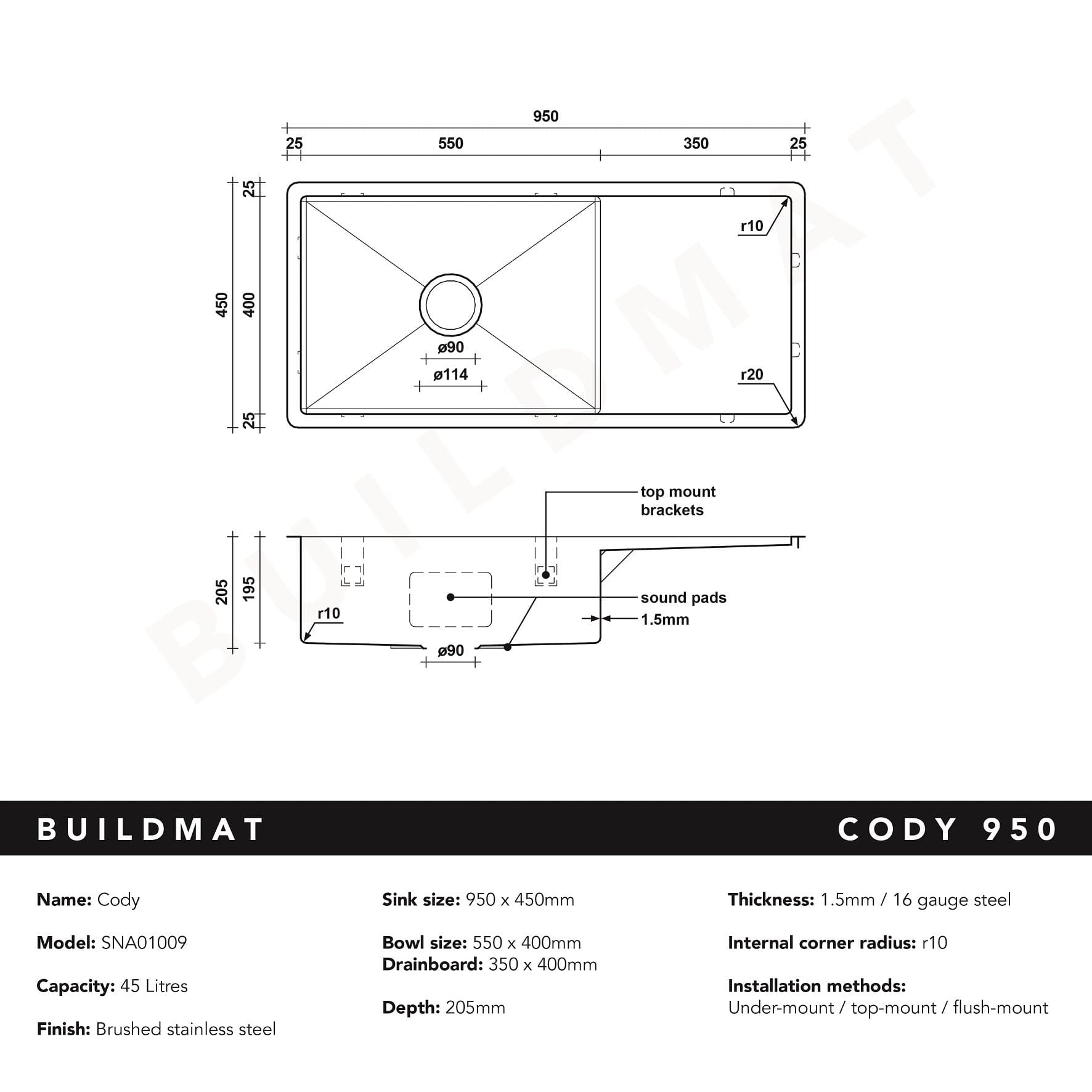 Buildmat Sink Brushed Stainless Steel Cody 950x450 Single Bowl w Drain Board Sink